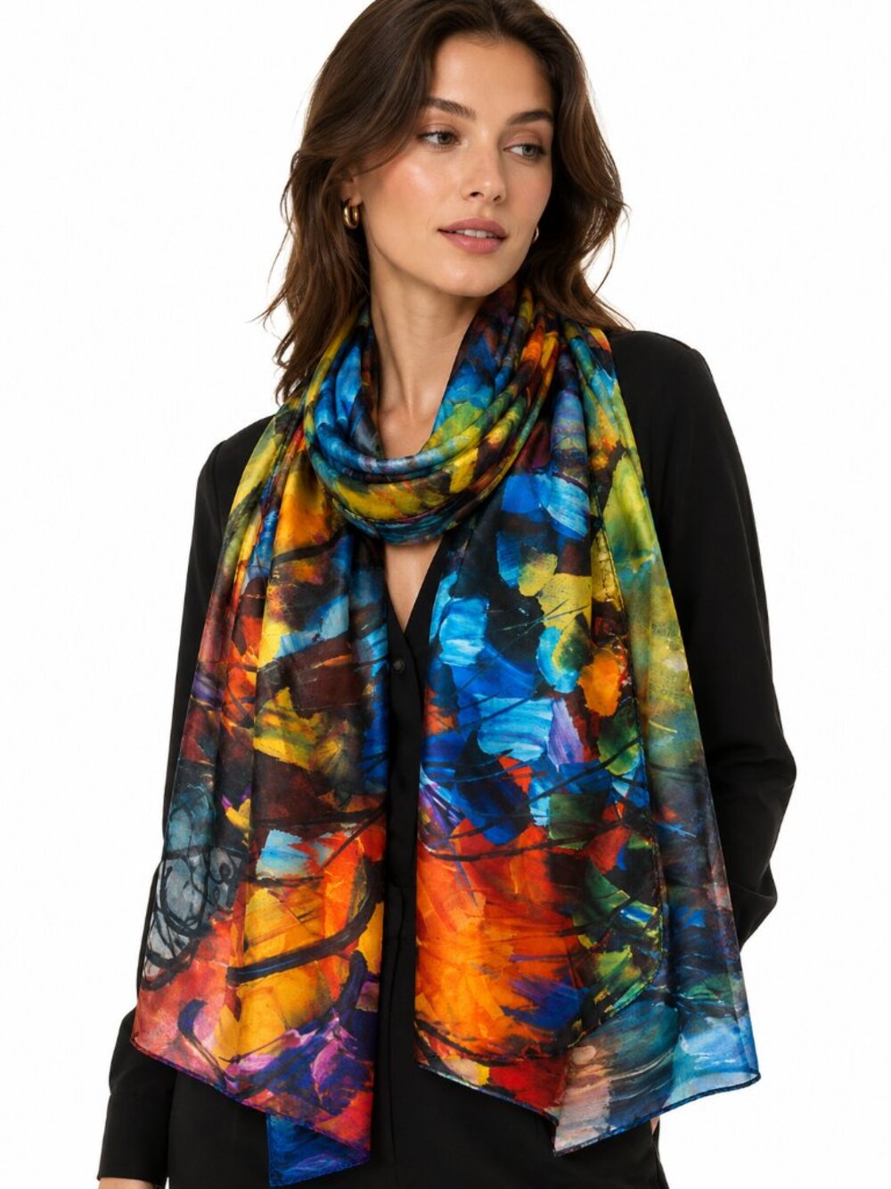 Abstract Art Scarf by Cleo – 2010s – Multicolor Silk Feel – Painterly Pattern - Picture 11 of 12